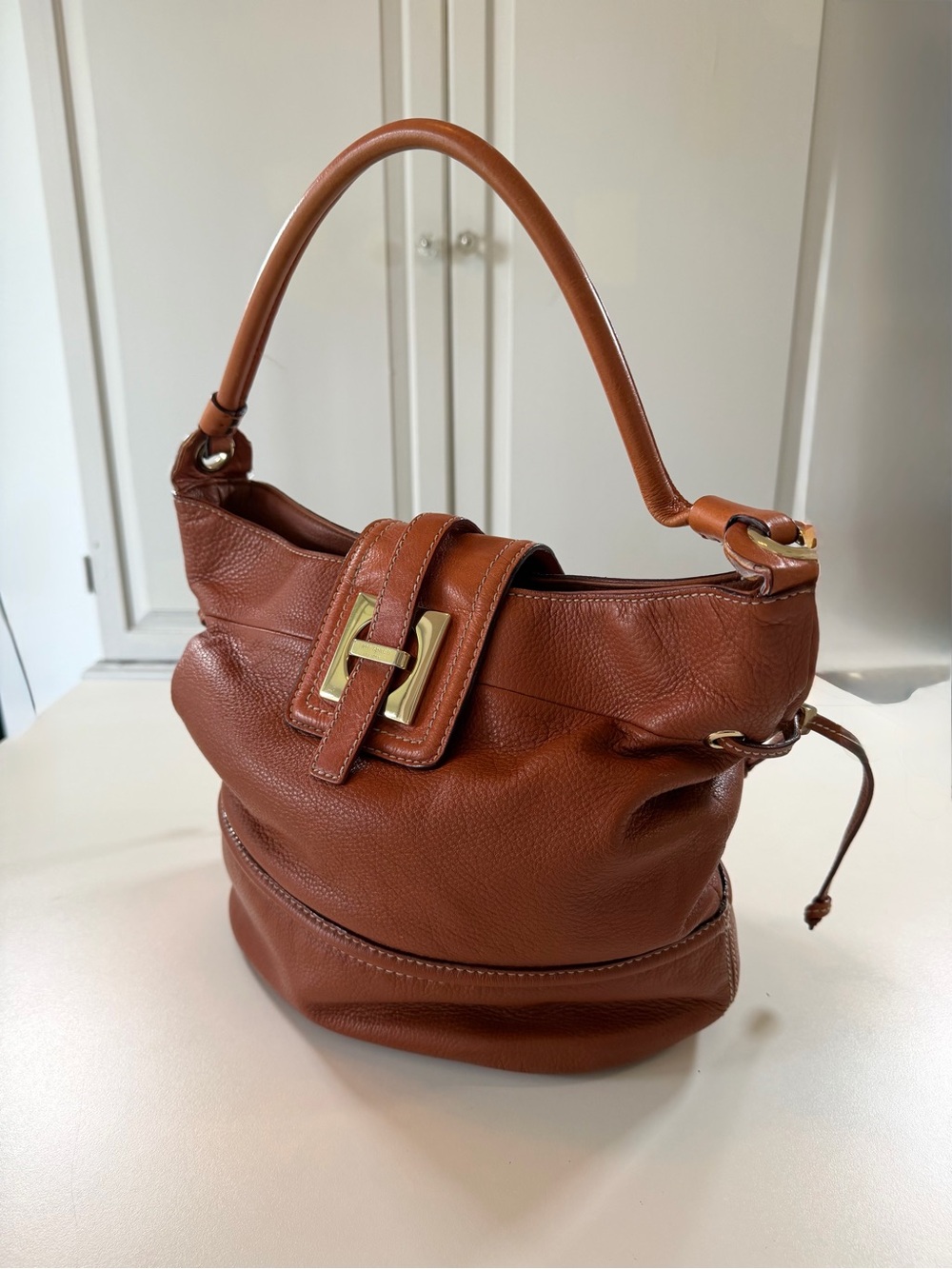 Kate Spade New York PXRU0709 Cognac Pebbled Leather Hobo Slouchy Shoulder Bag